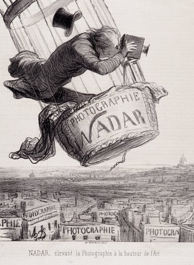 Gaspard Felix Tournachon Felix Nadarissa (1820-1910) nostaa valokuvauksen taiteen huipulle. Litografia pohjautuu paperille piirustukseen. Mitat: 29 x 41 cm. tekijältä Honoré Daumier