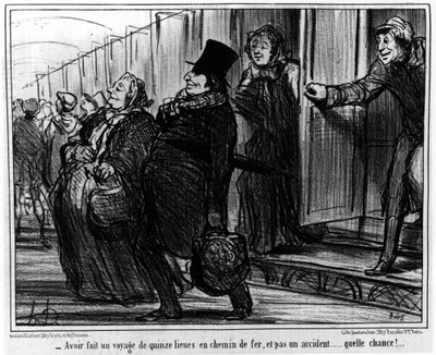 Tehtyään viidentoista mailin rautatien, eikä sattumalta... mikä mahdollisuus!... : "Aktuaalit" sarjasta sarjakuvia Honore Daumierin (1808-1879) rautateillä. "Charivari" tekijältä Honoré Daumier