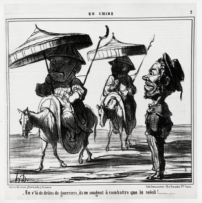 Näissä hauskoissa sotureissa he ajattelevat vain taistelua aurinkoa vastaan. Sarjassa En Chine, Honore Daumierin (1808-1879) kuvitus, julkaistu Charivarissa, päivätty 8. tammikuuta tekijältä Honoré Daumier