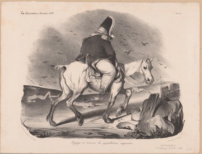 Karikatyyri Louis Philip I:stä, Ranskan kuninkaasta hevosen selässä ruumiiden keskellä Voyage à travers les populations empressées (nimi esineessä) tekijältä Honoré Daumier