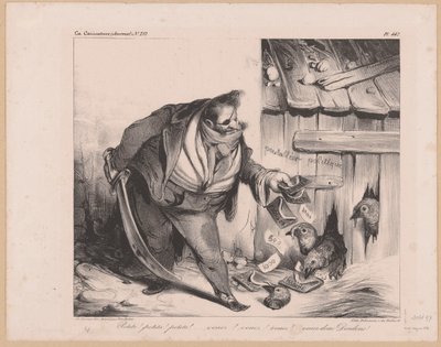 Karikatyyri Ranskan kuningas Ludvig Philip I rosvona Petits! pets! pets! (...) Venez donc dindons! (otsikko esineessä) tekijältä Honoré Daumier