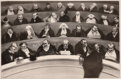 Le Ventre législatif. Aspects des bancs ministériels de la chambre improstituée de 1834 / Legislative belly. Näkymä ei-prostituoitujen kammion kaappipenkeistä vuodelta 1834. 1834 tekijältä Honoré Daumier