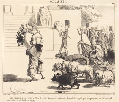 Villakoira ja eläkeläiset onnittelemassa Edustajaa... tekijältä Honoré Daumier