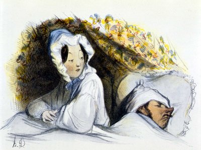 Mies ja nainen sängyssä: "" Tuhma nukkuja! Mene ... "", "" Eroottisen taiteen historia "", Edouard Fuchs, Berliini tekijältä Honoré Daumier