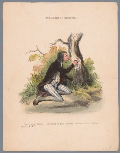 Mies kaivertaa nimikirjaimet puun kuoreen Pauvre jeune homme! (...) (otsikko objektissa) Intohimot ja tunteet (sarjan nimi) Sentimens et passions (sarjan nimi esineellä) tekijältä Honoré Daumier