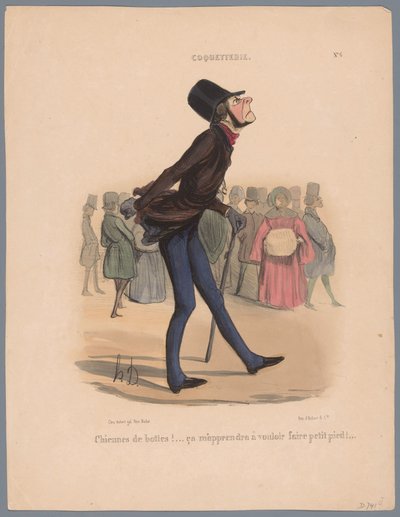 Mies kävelee liian pienissä kengissä Chiennes de bottes! (...) (otsikko objektissa) Vanity (sarjan nimi) Coquetry (sarjan nimi esineellä) tekijältä Honoré Daumier