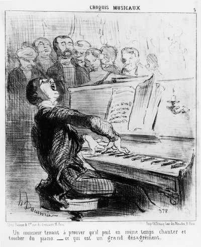 Musiikkisketsejä: herrasmies, joka haluaa todistaa, että hän voi samanaikaisesti laulaa ja koskettaa pianoa, mikä on hyvin häpeällistä. Honore Daumierin (1808-1879) kuvitus, julkaistu Charivarissa, päiväys 17. helmikuuta 1852. tekijältä Honoré Daumier