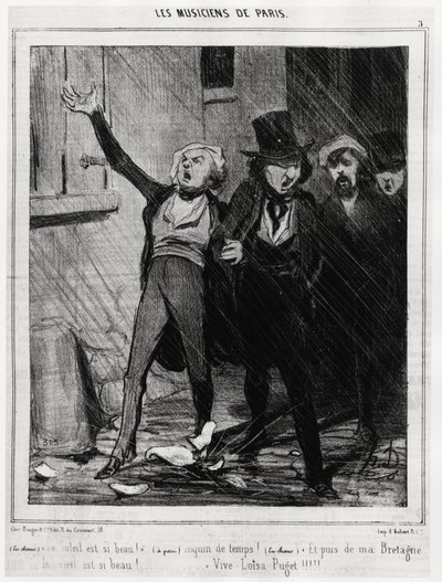 Pariisin muusikot: "Aurinko on niin kaunis!.... Ikävä aika!... Ja sitten Bretagnesta, taivas on niin kaunis!.... Vive Loisa Puget" (1810-1889, romanssimusiikin säveltäjä). Kuvitus d