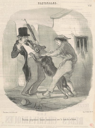 Uusi omistaja tutustumassa koiraan... tekijältä Honoré Daumier