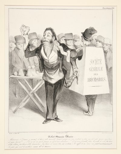 Robert-Macaire kirjakauppias. (Robert Macaire kirjakauppias.), pl. 14 sarjasta Caricaturana albumissa Les Robert Macaires tekijältä Honoré Daumier