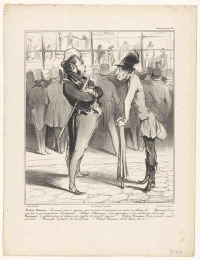 Robert-Macaire keskustelussa Bertrandin kanssa kirjapainon ikkunasta Caricaturana (sarjan nimi esineellä) tekijältä Honoré Daumier