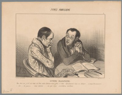 Kirjoittaja neuvoo kollegaa eroon vaimostaan Dramaattiset tekijät (otsikko esineessä) Pariisilaiset tyypit (sarjan nimi) Tyypit Parisiens (sarjan nimi esineellä) tekijältä Honoré Daumier