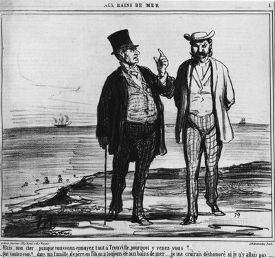 Merenrantakylpyjä: pariisilaisia Trouvillen rannalla perinteiden ja perhetottumusten painolla - kirjoittanut Honore Daumier, "" Charivarissa" 25.8.1859 tekijältä Honoré Daumier