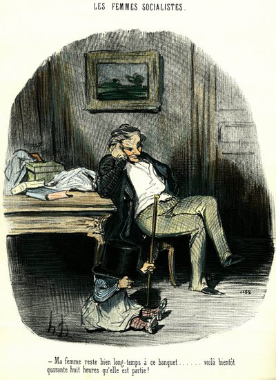 Sosialistiset naiset Antifeministinen sarjakuva, joka kuvaa miestä odottamassa lapsensa kanssa kahdeksi päiväksi kadonnutta vaimoaan. Honore Daumierin (1808-1879) litografia 1800-luvun yksityinen kokoelma tekijältä Honoré Daumier