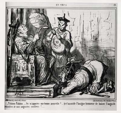 Tchinn Tchinn... Em portes bones notícies! Et concedeixo el gran honor de besar la pols augusta de les meves augustes sabates. A la sèrie En Chine, il·lustració d