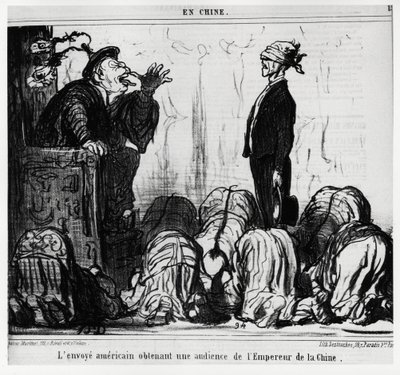 Amerikkalainen lähettiläs kuulee Kiinan keisarilta. Sarjassa En Chine, Honore Daumierin (1808-1879) kuvitus, julkaistu Charivarissa, päivätty 21. lokakuuta tekijältä Honoré Daumier