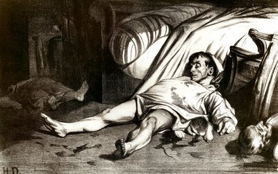 Rue Transnonainin verilöyly 14.4.1834: sotilaat murhasivat rakennuksen 12 Rue Transnonain asukkaat Pariisissa vangitsivat sen yhden upseerinsa kuoleman jälkeen - Honore Daumierin litografia (1808-1879) 1837. Yksityinen kokoelma tekijältä Honoré Daumier
