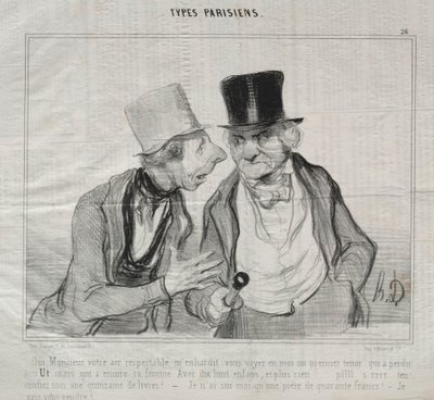 Tyypit Parisiens, levy 26: Kyllä, herra, kunnioitettava ilmanne rohkaisee minua..., 29. toukokuuta 1840. tekijältä Honoré Daumier