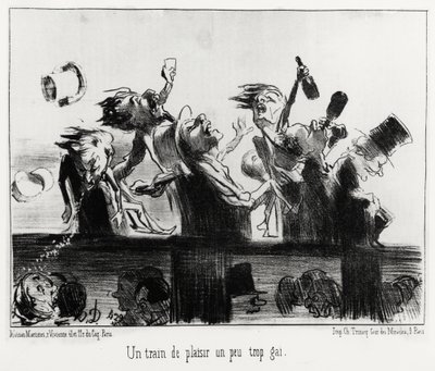 Nautintojuna, hieman liian homo, sarjassa Les Chemins de fer, Honore Daumierin (1808-1879) kuvitus, julkaistu Charivarissa, päivätty 20. elokuuta 1852. tekijältä Honoré Daumier