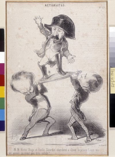 Victor Hugo ja Emile de Girardin tukevat Napoleon Bonaparten ehdokkuutta. Honore Daumierin (1808-1879) sarjakuva esiintyi Le Charivarissa. Victor Hugon kirjallisuustalo, Bievres (mitat 30,3x20 cm) tekijältä Honoré Daumier