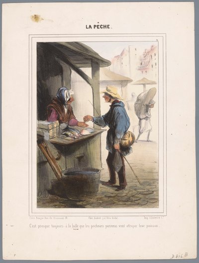 Visser koopt vis in de markthal Se on melkein aina torilla (...) (otsikko esineessä) Vissers (sarjan nimi) Kalastus (sarjan nimi esineellä) tekijältä Honoré Daumier