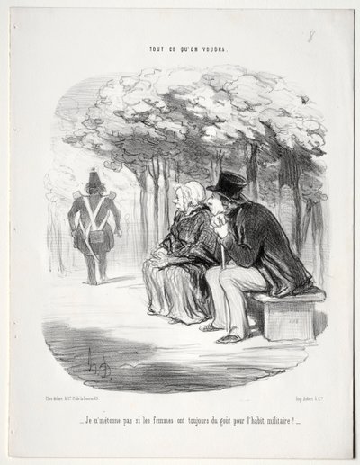 Mitä haluat, levy 51: En ihmettele, että naiset pitävät aina sotilaspukusta, 1848. tekijältä Honoré Daumier