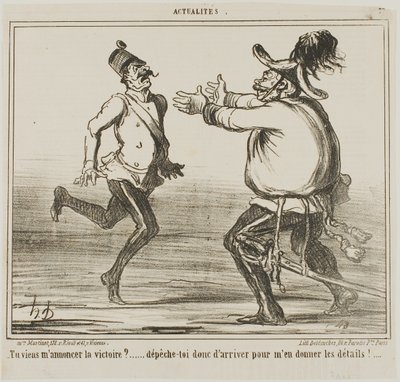 "- Oletteko tulossa ilmoittamaan voitosta... kiirehtikää ja kertokaa minulle yksityiskohdat!....," levy 77, Actualités-lehti. tekijältä Honoré Victorin Daumier