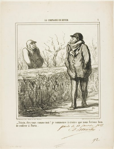 "- Hei, naapuri, oletko samanlainen kuin minä Alan uskoa, että meidän kannattaisi palata Pariisiin.", levy 1 teoksesta La Campagne En Hiver. tekijältä Honoré Victorin Daumier