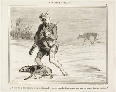 "- Ihmettelen, miksi tämä peto seuraa minua koko ajan... Maksan mielelläni 6 sousta hyppäämällä bussiin," levy 1 Émotions De Chasse -teoksesta. tekijältä Honoré Victorin Daumier