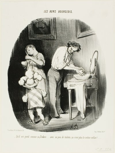 "- Eikö hän olekin söpö, Dodore... kun häntä vähän siivotaan, hän ei ole enää sama lapsi!...", lautanen 37, Les Bons Bourgeois -lehti tekijältä Honoré Victorin Daumier
