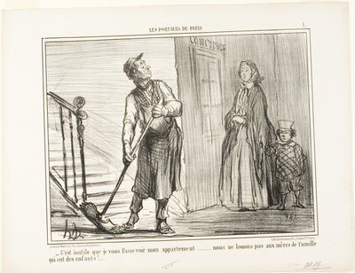 "- On hyödytöntä näyttää sinulle asuntoni. Emme vuokraa asuntoa lapsiäideille.", levy 1, Les Portiers De Paris. tekijältä Honoré Victorin Daumier