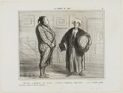 "- Monsieur, minä eroan palveluksestanne, menen kotiin... En halua olla täällä, kun maailmanloppu koittaa." Laatta 4 teoksesta La Cométe De 1857. tekijältä Honoré Victorin Daumier