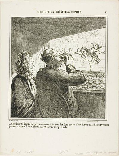 "- Herra Colimard, jos ette heti lopeta tanssijoiden tuijottamista niin sopimattomalla tavalla, vien teidät kotiin ennen esityksen loppua!", laatta 4 teoksesta Croquis Pris Au Théatre par Daumier. tekijältä Honoré Victorin Daumier