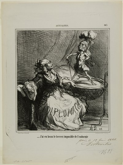 "- Vaikka kuinka keinuttaisin häntä, häntä on mahdotonta saada nukahtamaan", levy 105 Actualitésin sivuilta tekijältä Honoré Victorin Daumier