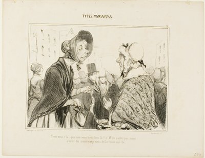 "- Ai, siinähän sinä olet..... mitä sinulla on siellä..... - Ei puhuta siitä.... meille tulee vieraita, ja minä kävin juuri ostoksilla", lautasella 6 Types Parisiens -teoksesta. tekijältä Honoré Victorin Daumier