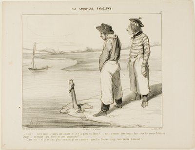 "- Veneemme irrotti ankkurin ja ajautui pois.... olemme jumissa yksinäisellä saarella kuin Robinson Crusoe... ilman mitään syötävää ja ilman papukaijaa...". - Se on totta.... enkä todellakaan tiedä mitä syödä, kunhan olen syönyt sinut, Cabassol-parka!"," tekijältä Honoré Victorin Daumier