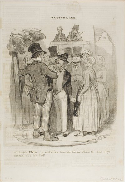 "- Niin, Gringalet Pariisista!.... tanssit kahdesti minun Katariinani kanssa ...... yritä nyt vielä kerran katsoa häntä lampaan silmin," levy 27 Pastoralesista. tekijältä Honoré Victorin Daumier