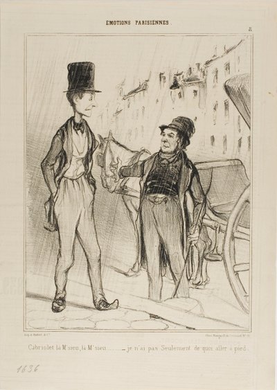 "- Taksi Monsieur Taksi - Minulla ei ole tarpeeksi rahaa edes kävellä," levy 8 teoksesta Émotions De Parisiens. tekijältä Honoré Victorin Daumier