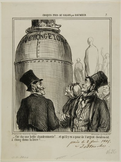 "- Jep... tätä minä kutsun loistavaksi työksi.... ja vain viidellä sousilla kilolta... saat todella rahoillesi vastinetta!", levy 7 Croquis Pris Au Salon par Daumier -teoksesta. tekijältä Honoré Victorin Daumier