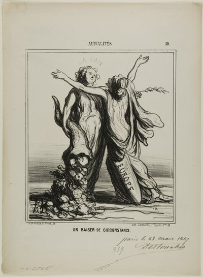 Olosuhteiden suudelma, laatta 50, Actualités-julkaisusta. tekijältä Honoré Victorin Daumier