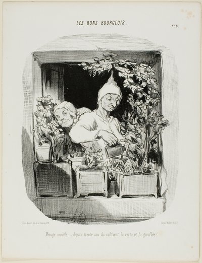 Malliavioliitto: Kolmenkymmenen vuoden ajan he ovat viljelleet hyveellisyyttä ja neilikoita, kuudes levy teoksesta Les Bons Bourgeois. tekijältä Honoré Victorin Daumier