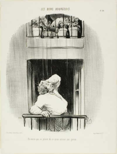 Naapuri valittaa nurmikkonsa kastelemisesta, levy kymmenen teoksesta Les Bons Bourgeois (suomennos) tekijältä Honoré Victorin Daumier