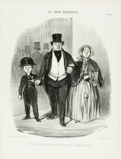 Nuori mies, joka on Badinguetin perheen ylpeys ja toivo, levy 16 teoksesta Les Bons Bourgeois. tekijältä Honoré Victorin Daumier