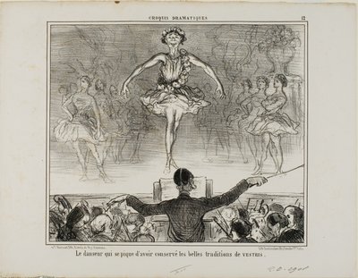 Tanssija, joka väittää säilyttäneensä suuren VESTRI-perinteen, levy 12 Croquis Dramatiques -teoksesta. tekijältä Honoré Victorin Daumier