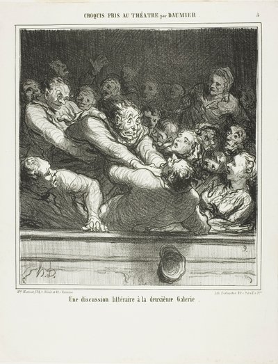 Kirjallinen väite toisesta kerroksesta, levy 3 teoksesta Croquis Pris Au Théatre par Daumier. tekijältä Honoré Victorin Daumier