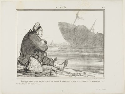 Matkustaja, joka on maksanut lippunsa NEW YORKiin LEVIATHAN-aluksella, odottaa, että laiva lopulta lasketaan veteen, kuva 479 Actualités-julkaisusta. tekijältä Honoré Victorin Daumier