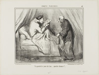 "Mielenosoitus uudenvuodenpäivänä! Mikä onni! ...........", laatta 42 Croquis Parisiens -teoksesta. tekijältä Honoré Victorin Daumier