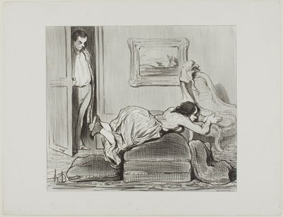 Innokas oppilas harjoittelee kotona, levy 6 teoksesta Les Baigneuses. tekijältä Honoré Victorin Daumier
