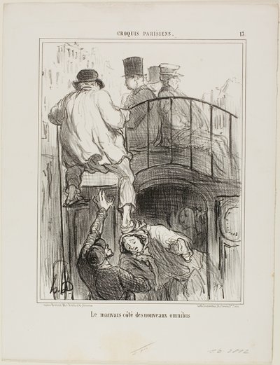 Uuden tyyppisen omnibussin epämiellyttävä puoli, Croquis Parisiens -lehden levy 13. tekijältä Honoré Victorin Daumier