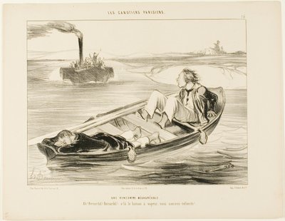 Epämiellyttävä kohtaaminen. "Bernardel, Bernardel! Täältä tulee höyrylaiva... me uppoamme!", levy 16 teoksesta Les Canotiers Parisiens. tekijältä Honoré Victorin Daumier